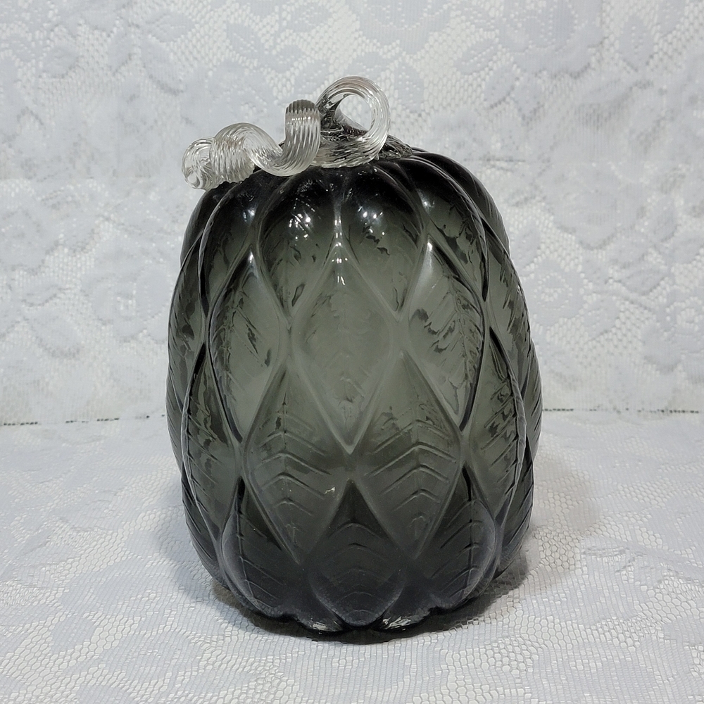 Black Gray Quilted Glass Pumpkin 8.5" Vintage Style Fall Halloween Home Decor - Picture 4 of 17